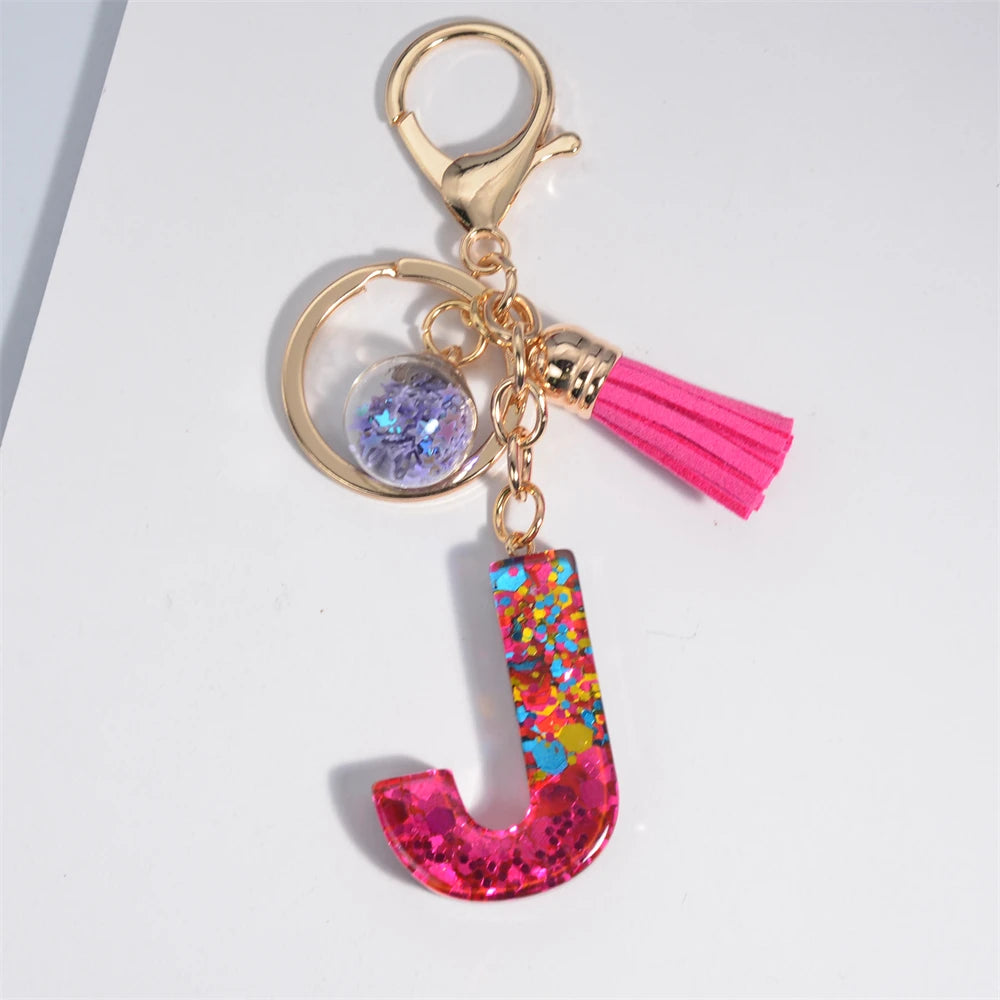 Mystery Star Ball 26 Letters Tassel Fuchsia Keychain