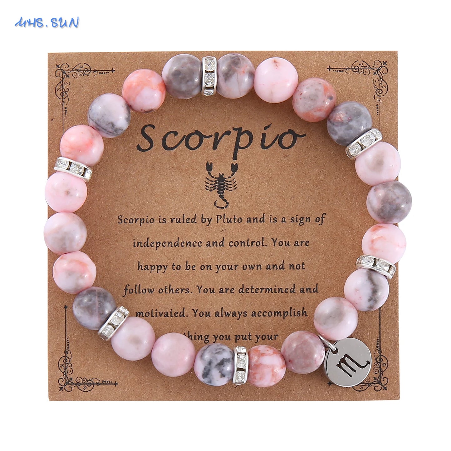 Pink Zebra Stone 12 Star Constellation Sign Beaded Bracelets