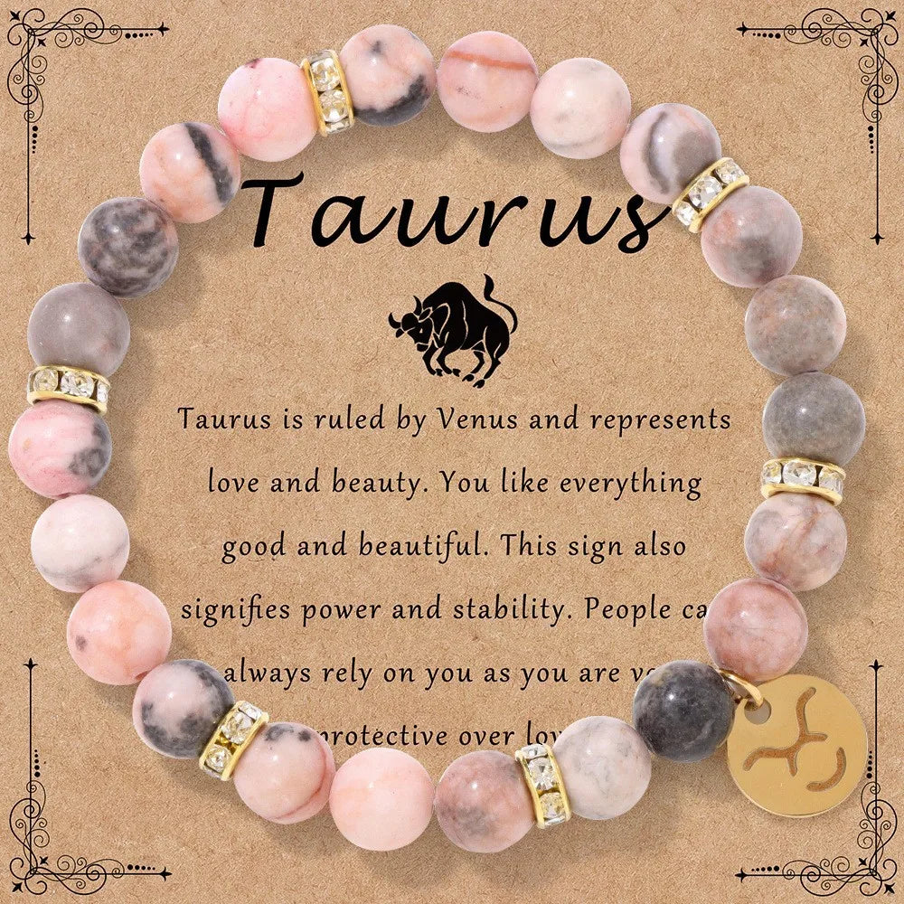 Pink Zebra Stone 12 Star Constellation Sign Beaded Bracelets