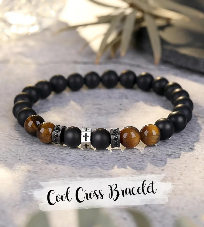 Black Onyx Tiger Eye Divine Protection Cross Bracelet