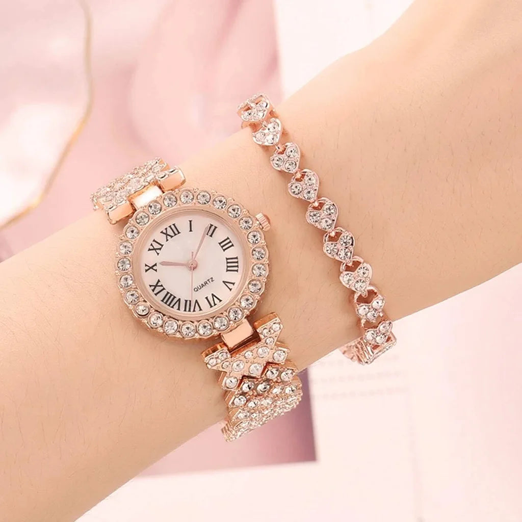 Rose Gold Elegant Quartz Diamond Wristwatch Sets