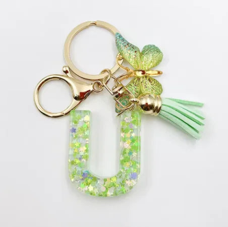Spring Green Color Glitter Initial Letter Key Chain With Butterfly Tassel Pendant ﻿