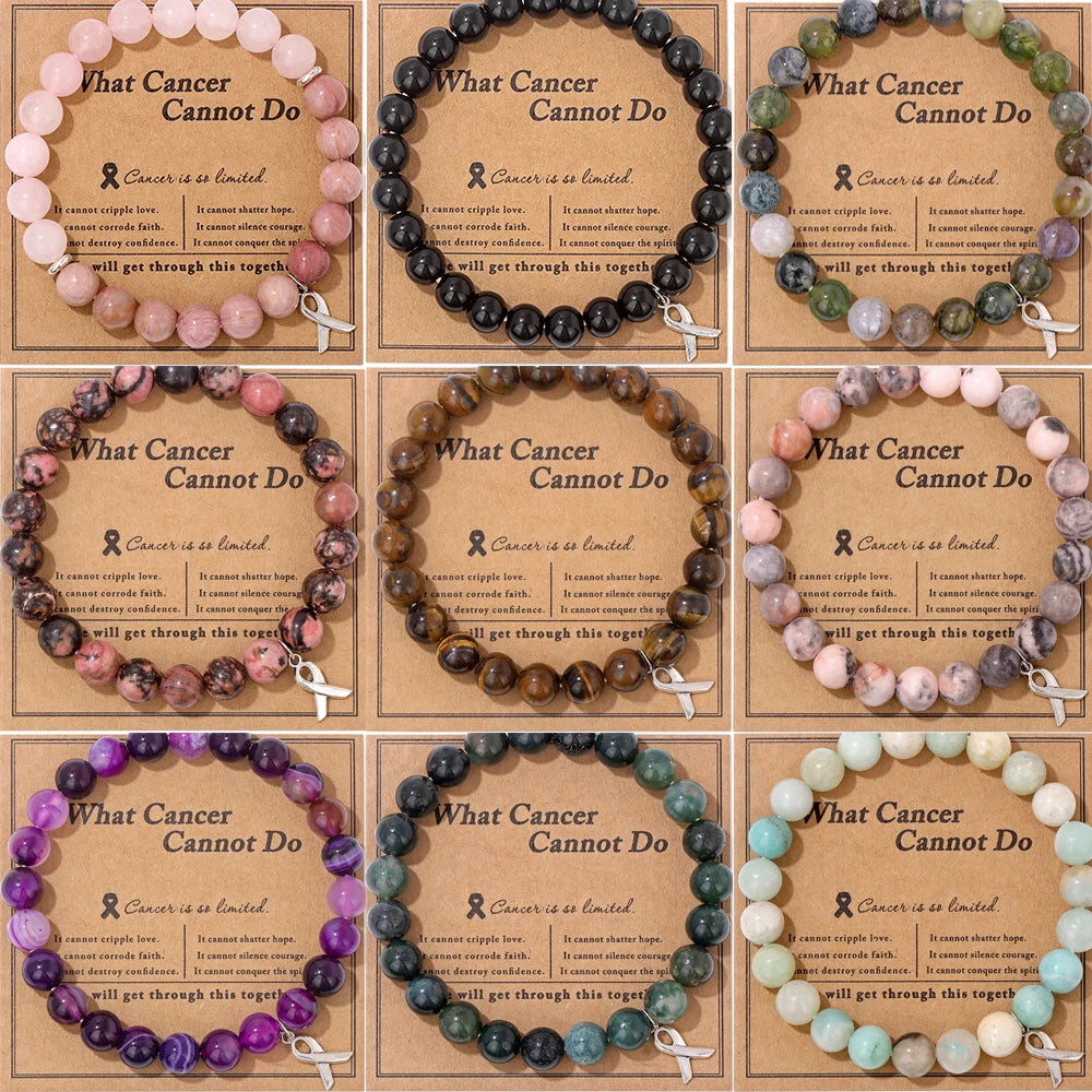 Pink Care Health Ribbon Charm Natural Stone Bracelet