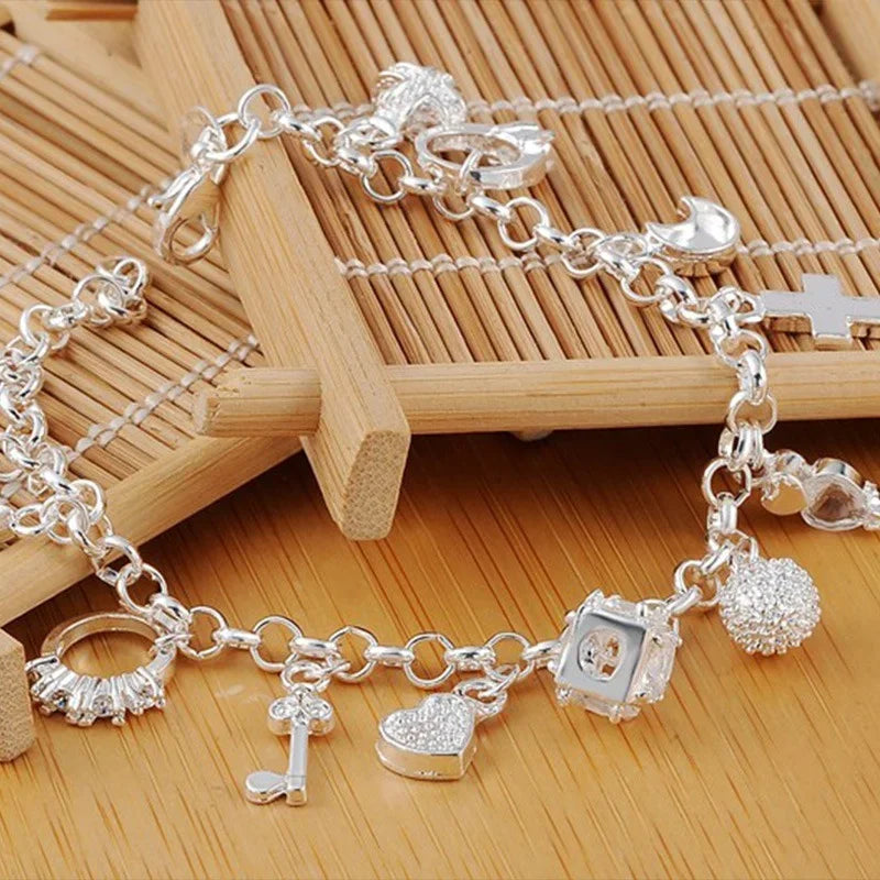 Silver 13 Pendant Chain Charm Bracelet