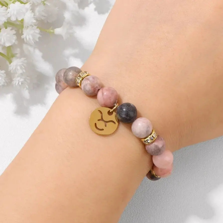 Pink Zebra Stone 12 Star Constellation Sign Beaded Bracelets