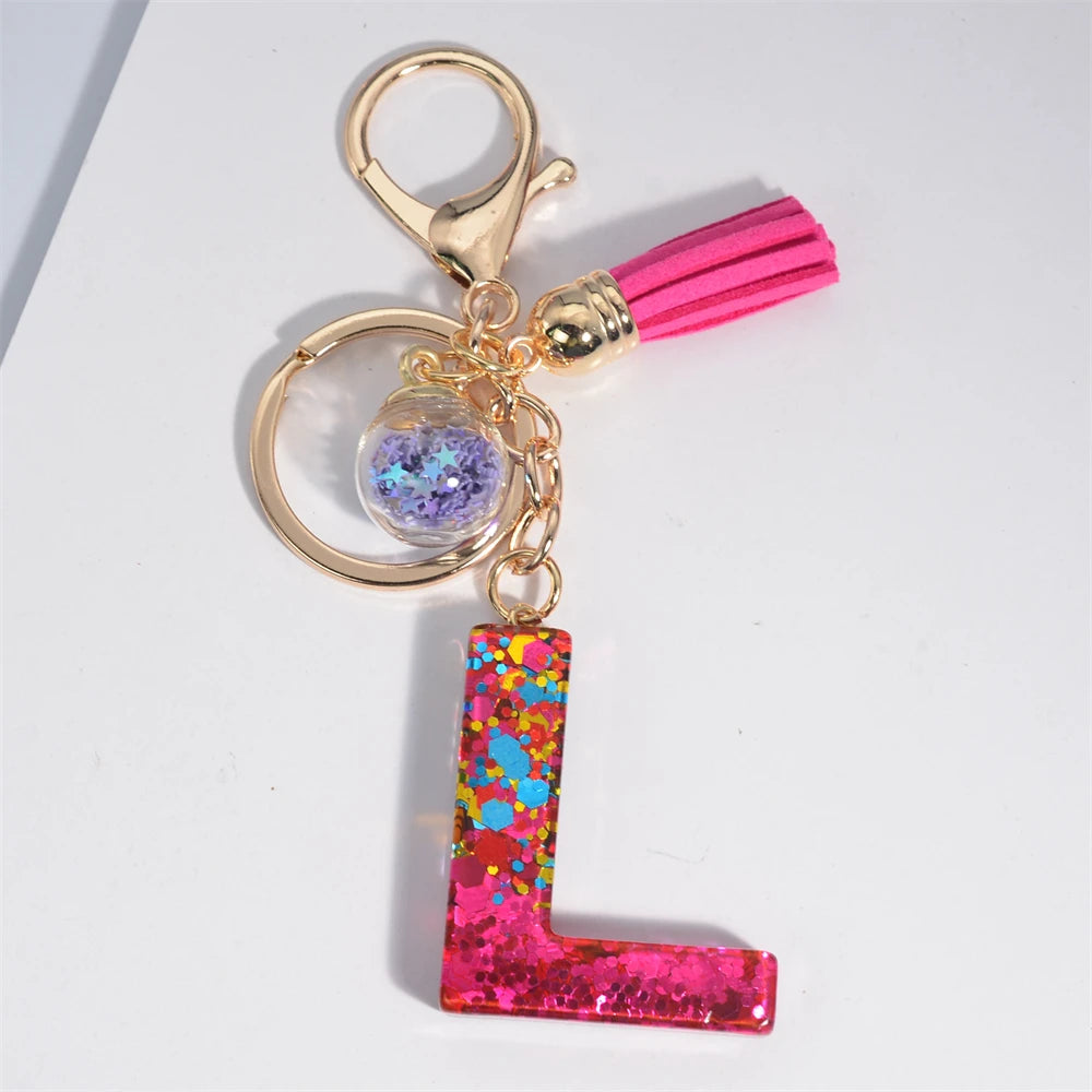 Mystery Star Ball 26 Letters Tassel Fuchsia Keychain