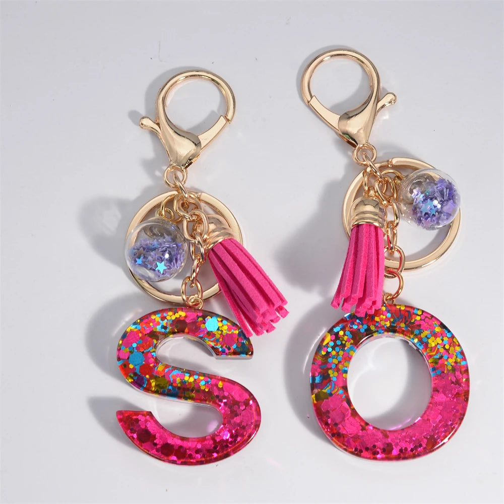 Mystery Star Ball 26 Letters Tassel Fuchsia Keychain