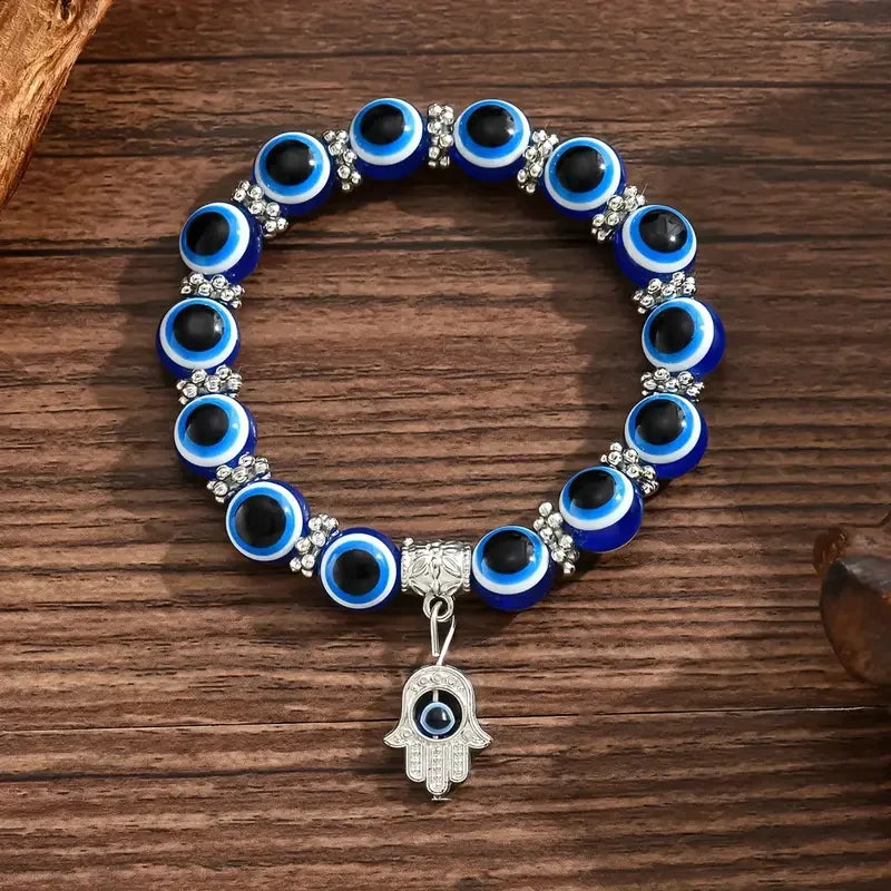 Blue Evil Eye Hand Charm Beaded Bracelet