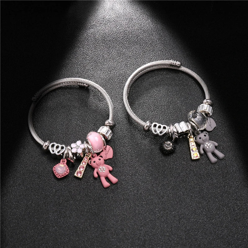 Pink Bear Cuff Charms Hearts Pendant Love Bracelet