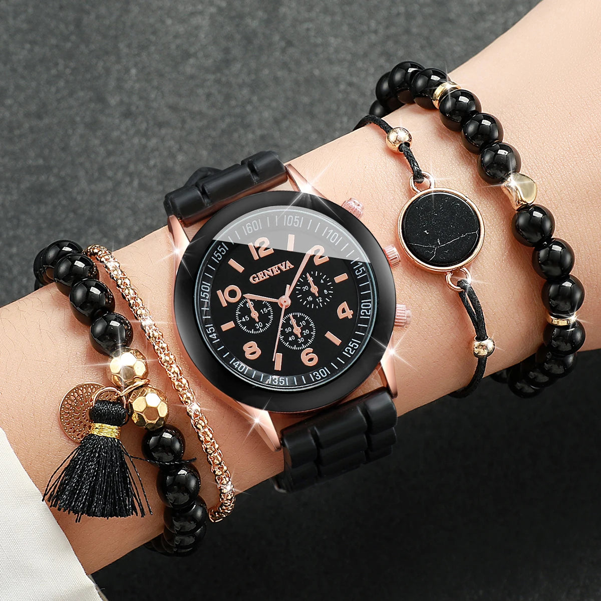 Black White & Gold Band Quartz Watch and Beaded Bracelet Sets