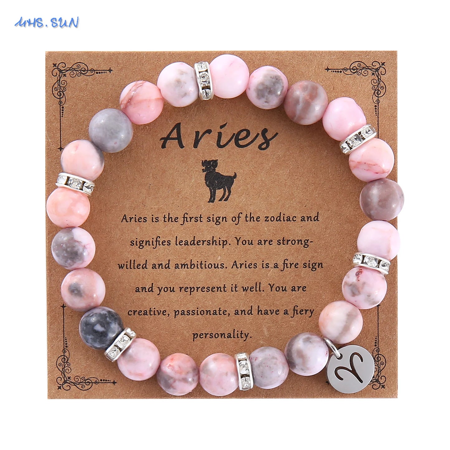 Pink Zebra Stone 12 Star Constellation Sign Beaded Bracelets