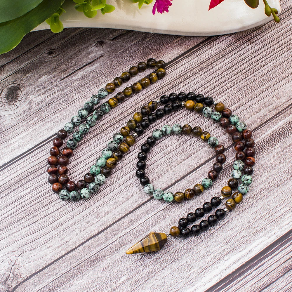 Black Onyx African Turquoise Beads Necklace Set with Tiger Eye Pendant