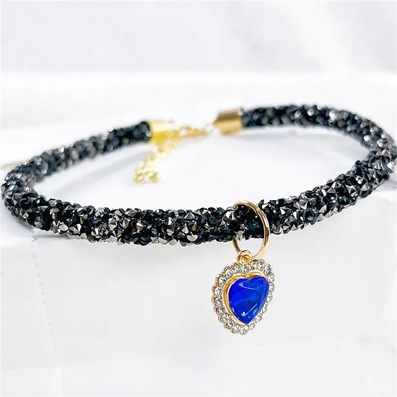 Crystal Cat & Dog Collar Heart Gem Pendant Rhinestone Necklace