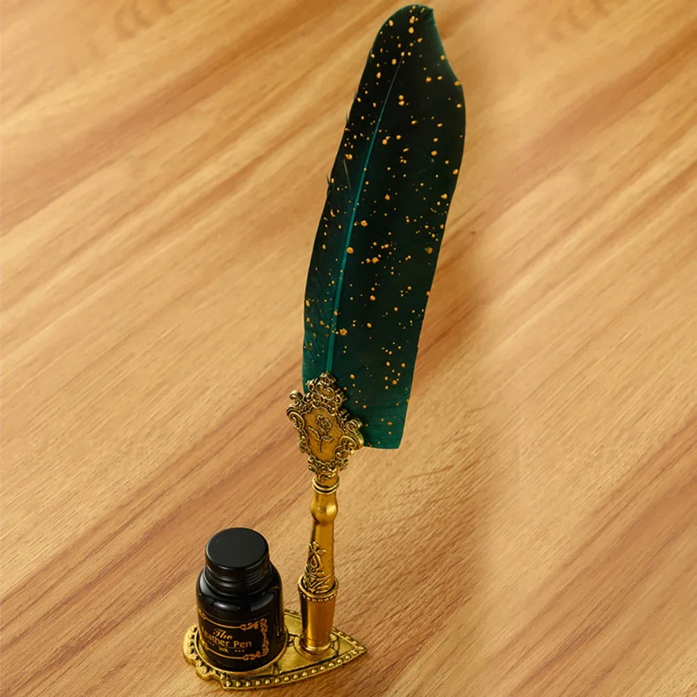 Exquisite Antique Feather Dip Writing Ink Treasure Set