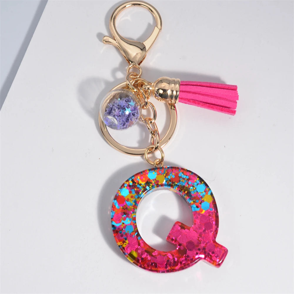 Mystery Star Ball 26 Letters Tassel Fuchsia Keychain