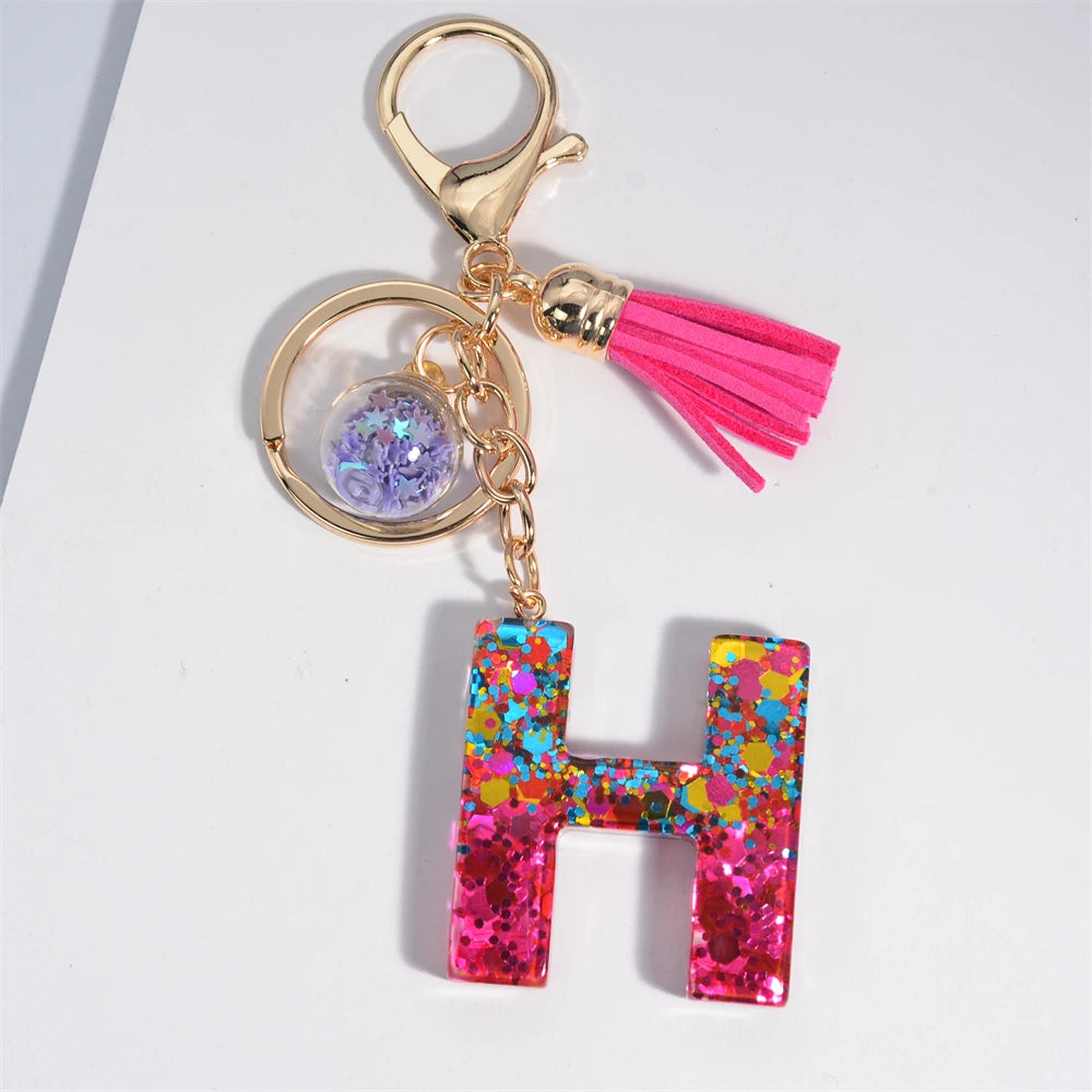 Mystery Star Ball 26 Letters Tassel Fuchsia Keychain