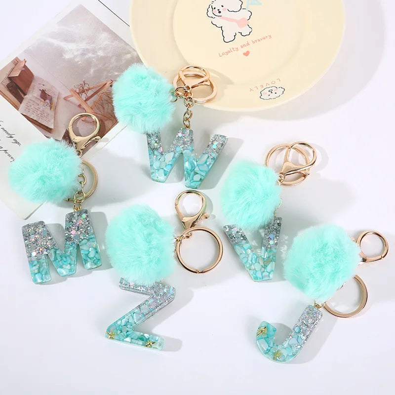 Aqua Flow 26 Initials Letter Key Pendant With Green Blue Fluffy Pompom