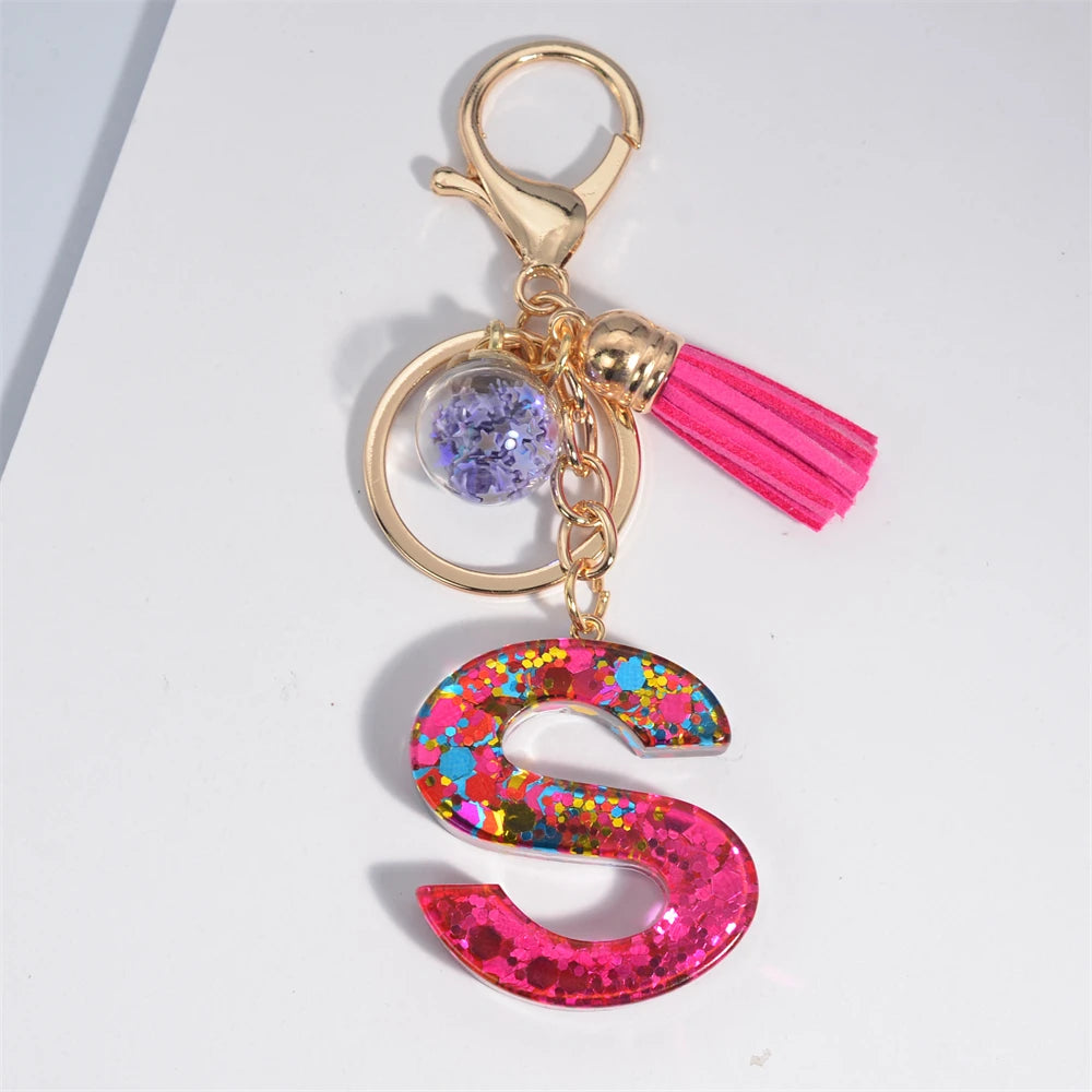 Mystery Star Ball 26 Letters Tassel Fuchsia Keychain