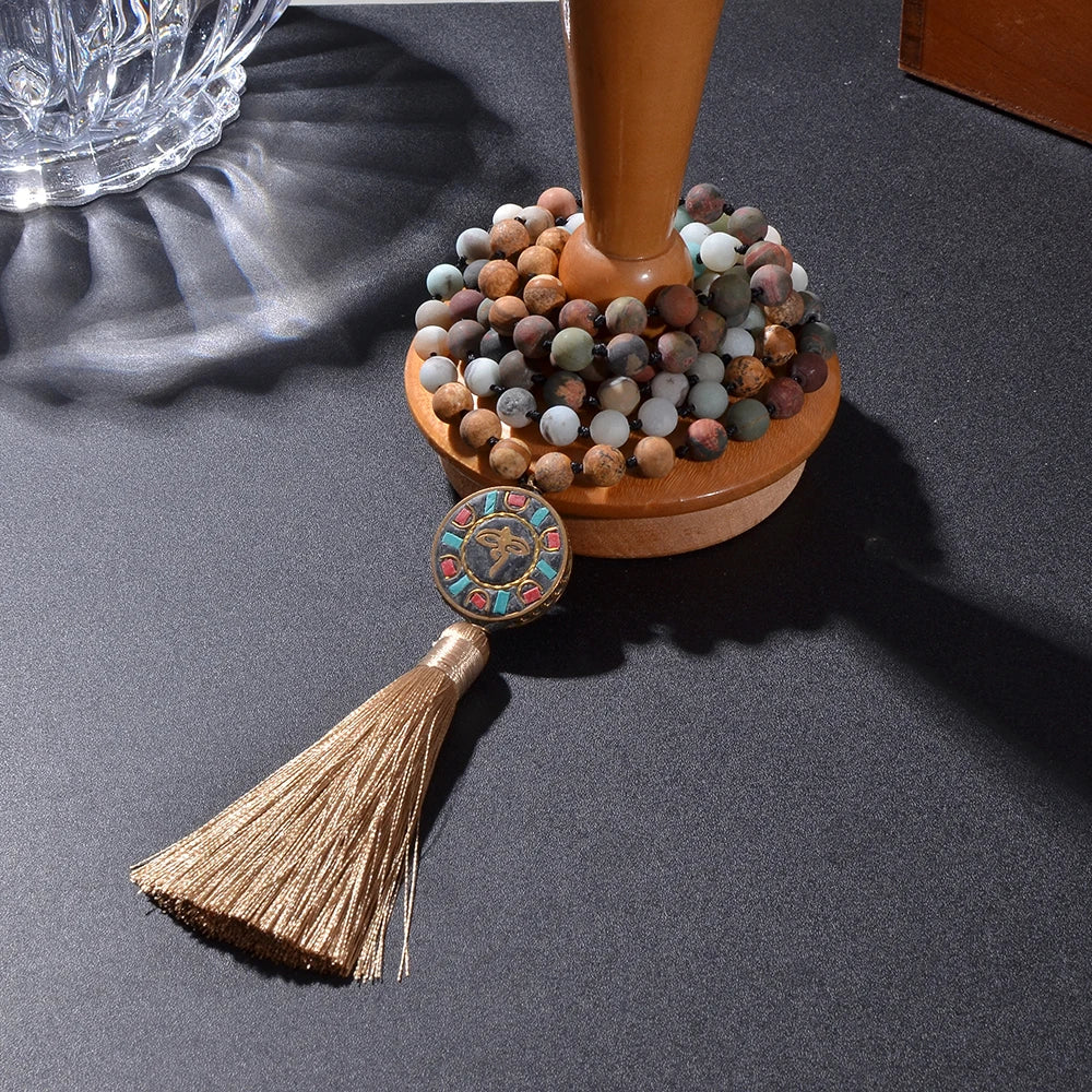 Natural Stone Six Character Pendant Knotted Necklace