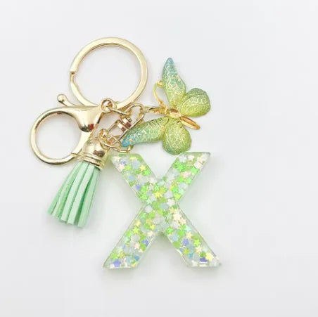 Spring Green Color Glitter Initial Letter Key Chain With Butterfly Tassel Pendant ﻿
