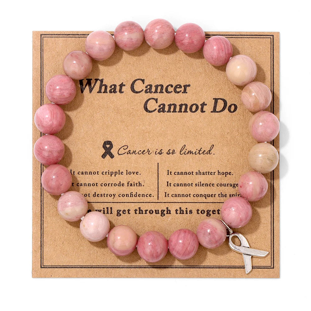 Pink Care Health Ribbon Charm Natural Stone Bracelet