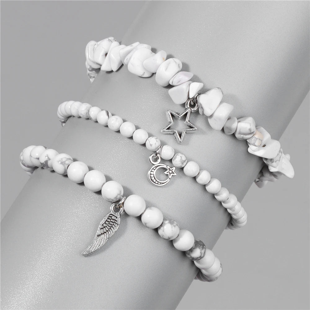 Natural Stone Healing Star Moon Feather Pendant Bracelets Sets