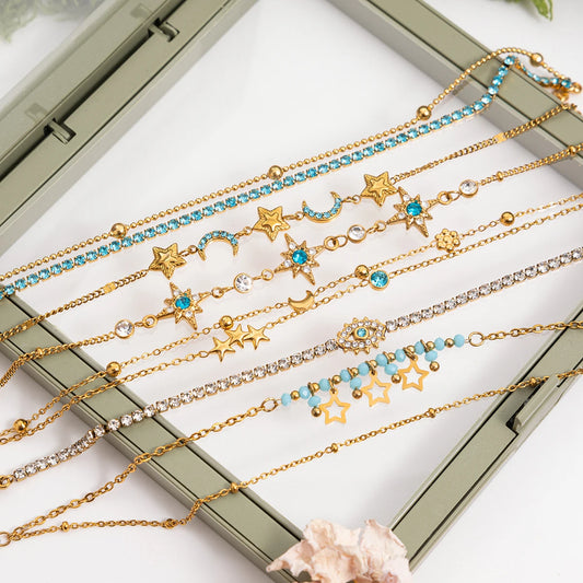 Celestial Star and Moon Double 18K Gold Bracelet