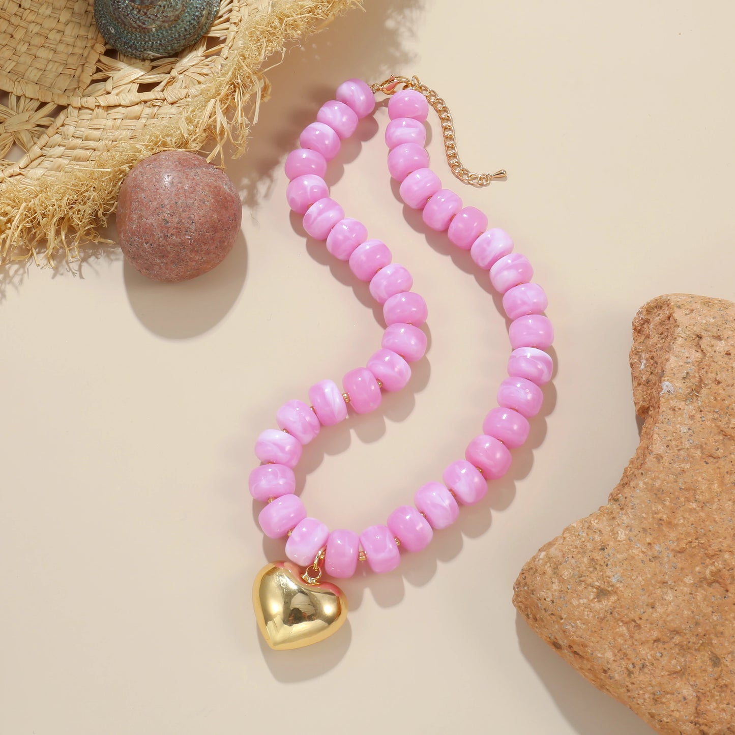 Colorful Crystal Beaded Choker Necklace 14K Gold Plated Heart Pendant