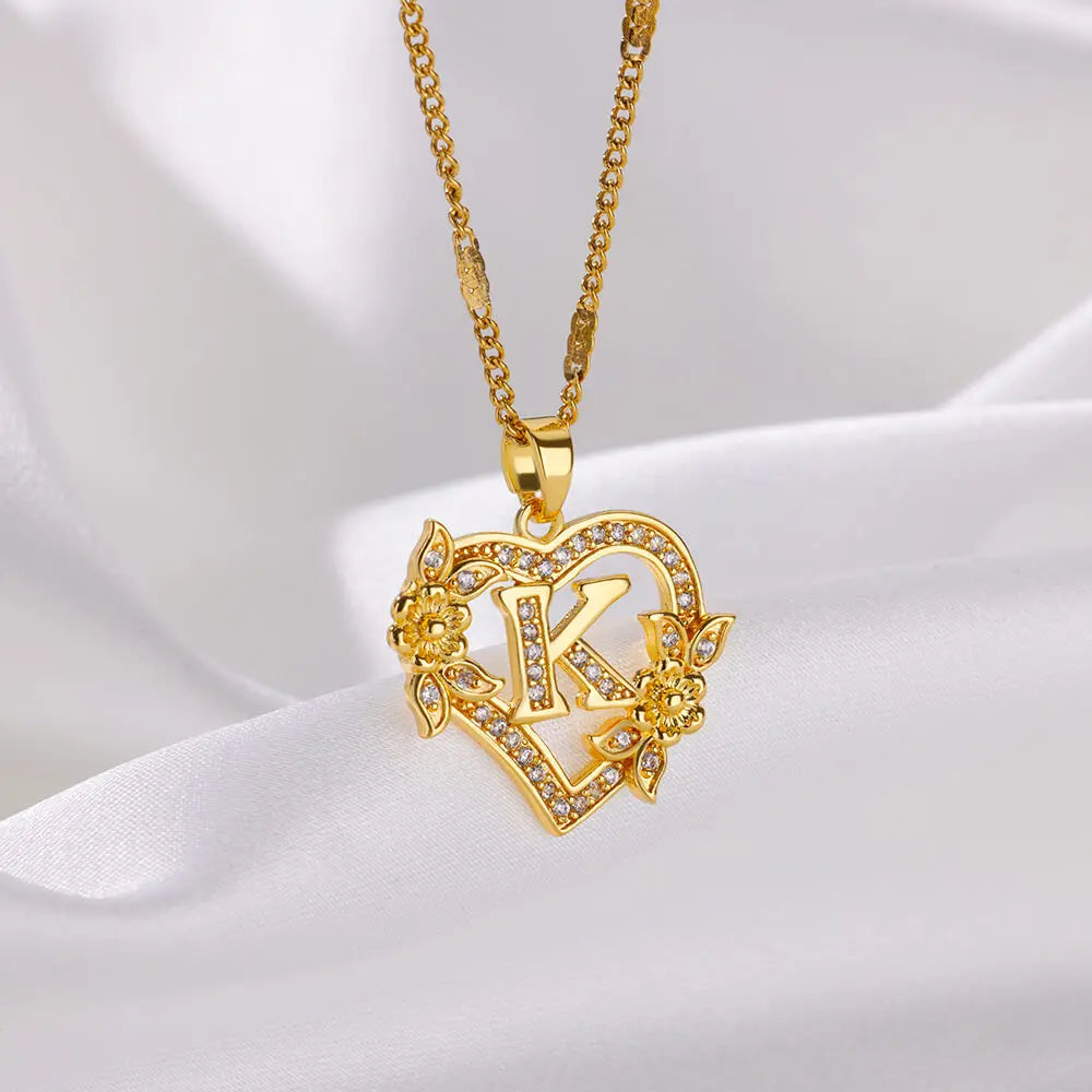 Beautiful Flower Heart Initials Necklaces