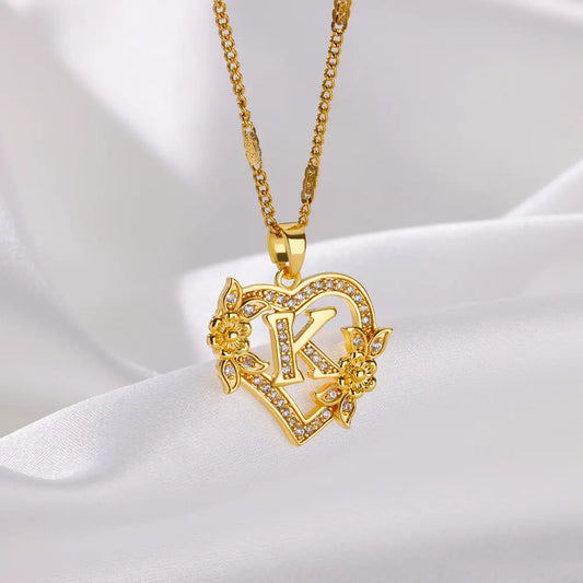 Beautiful Flower Heart Initials Necklaces