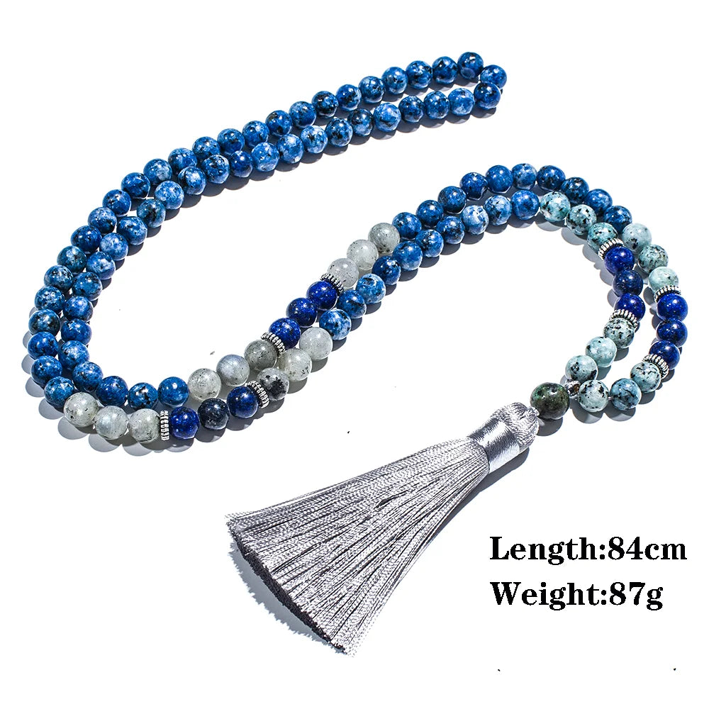 Blue & White Natural Stone Beaded Tassel Necklace