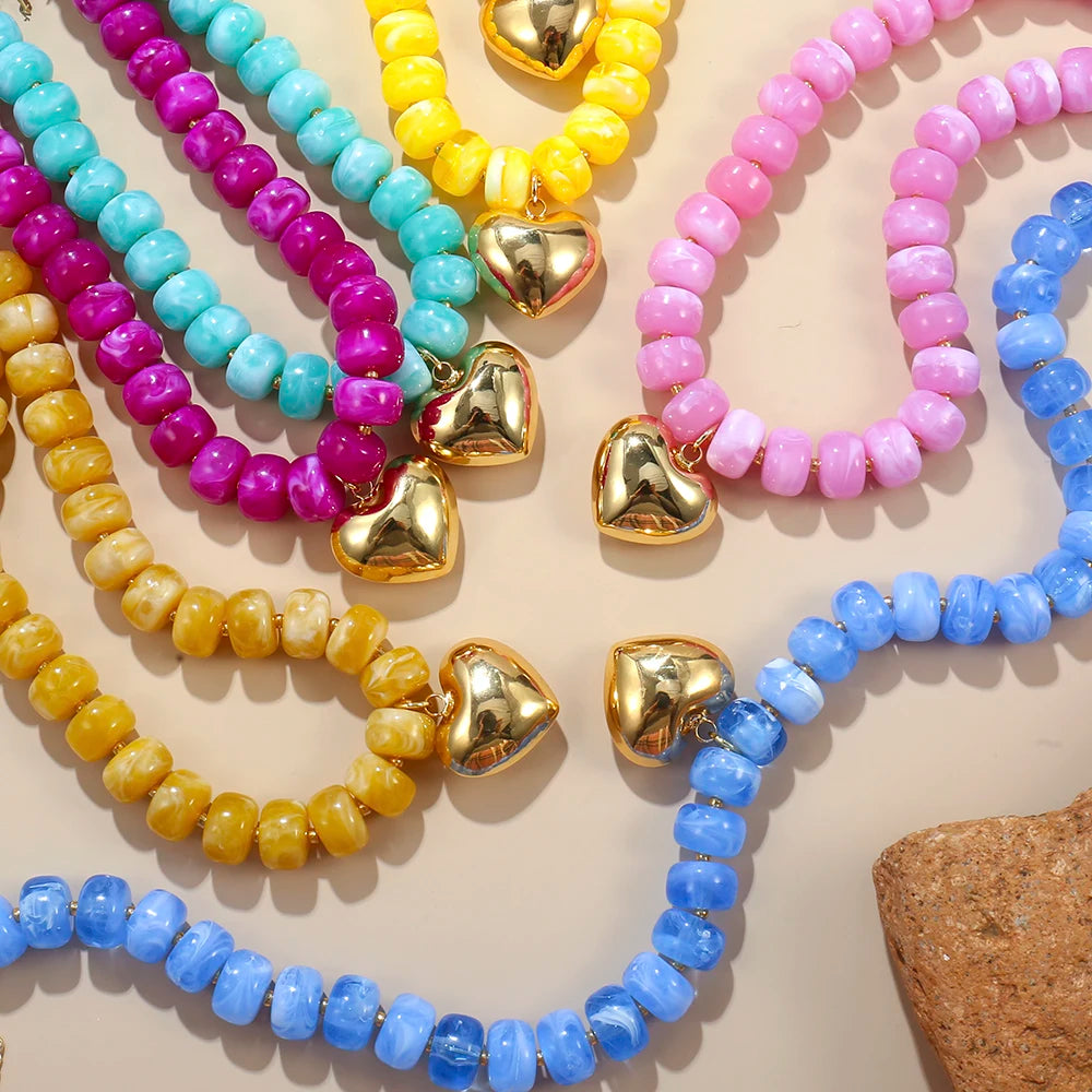 Colorful Crystal Beaded Choker Necklace 14K Gold Plated Heart Pendant