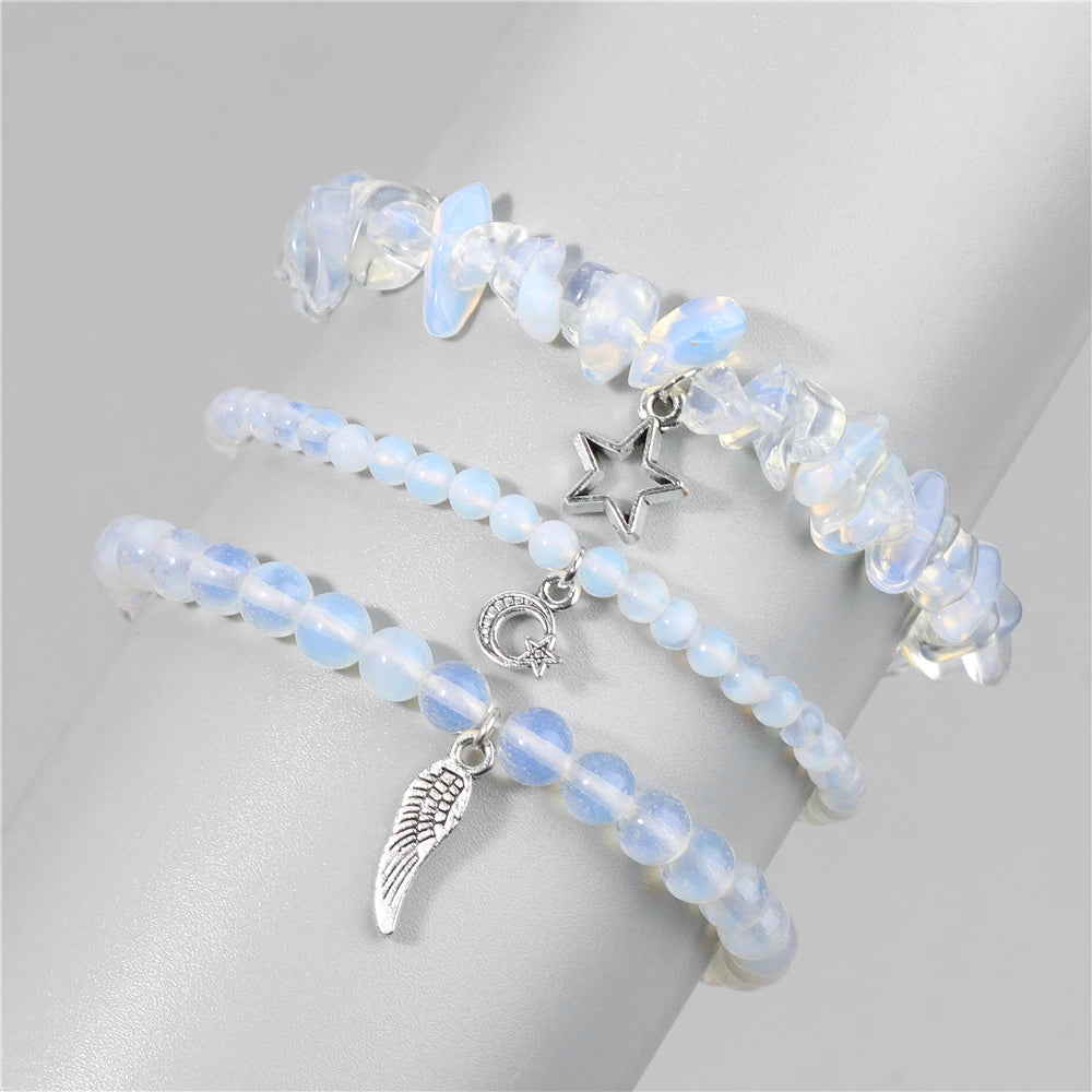 Natural Stone Healing Star Moon Feather Pendant Bracelets Sets