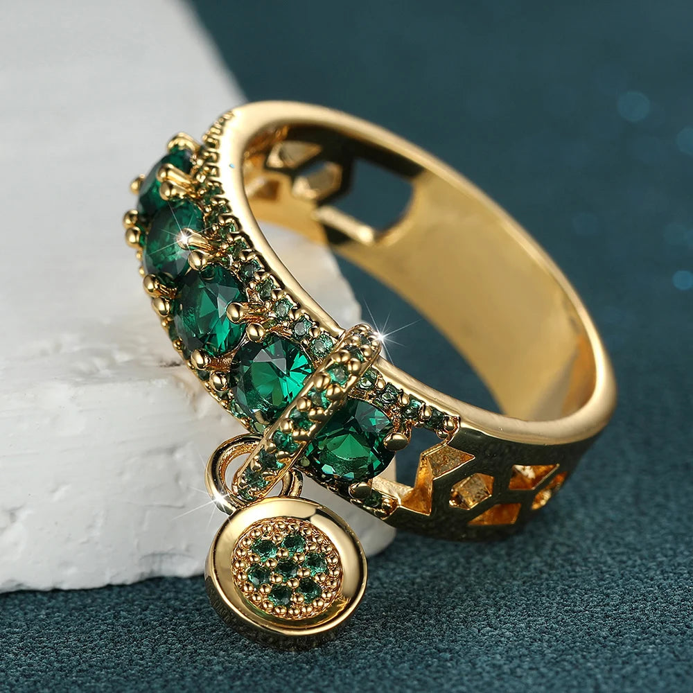 Antique Stone Dangle Pendant Gold Round Rings