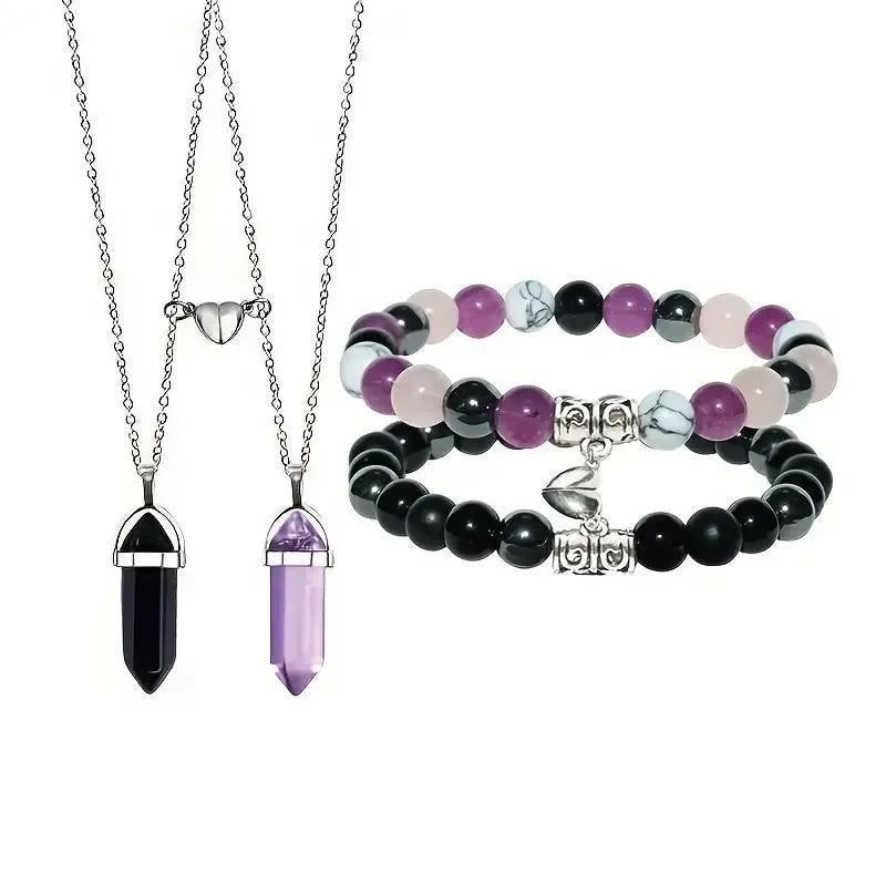 Heart To Heart Natural Stone Bullet Crystal Necklace & Bracelet