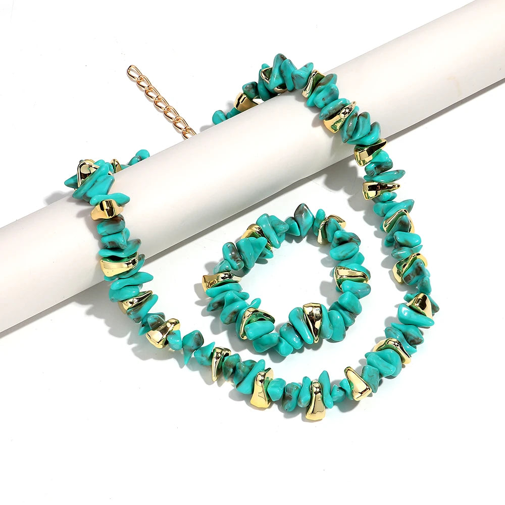 Gold Colorful Chip Stone Beads Necklace Bracelet Sets
