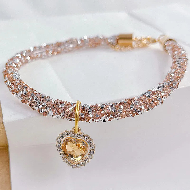Crystal Cat & Dog Collar Heart Gem Pendant Rhinestone Necklace