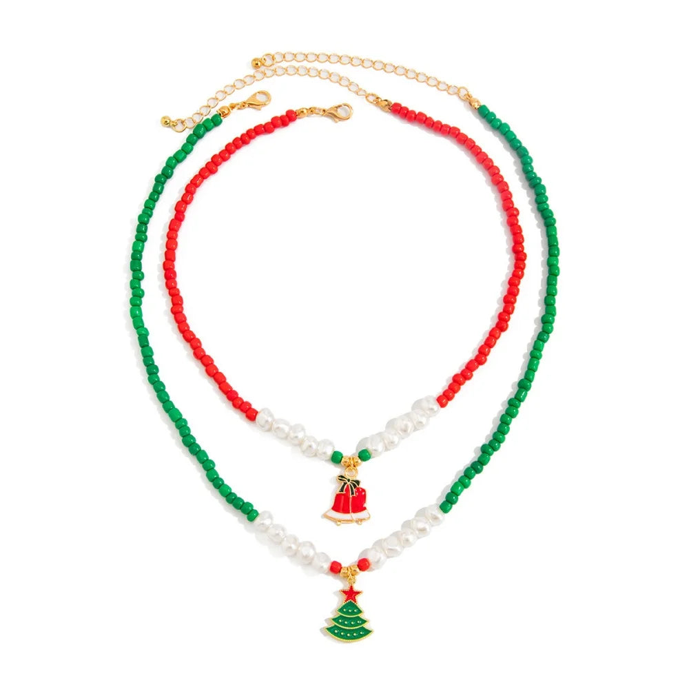 Classic Pearl Christmas Tree Bell Double Layered Pendant Necklace
