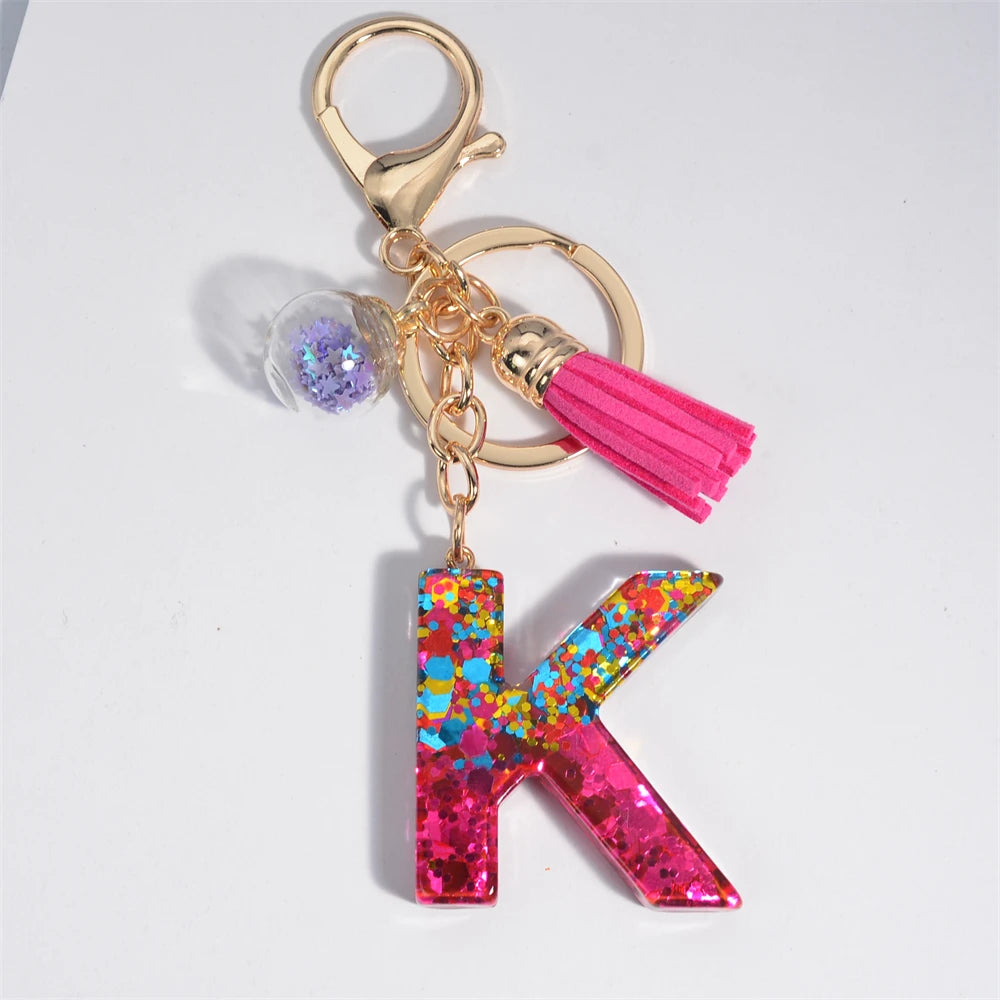 Mystery Star Ball 26 Letters Tassel Fuchsia Keychain