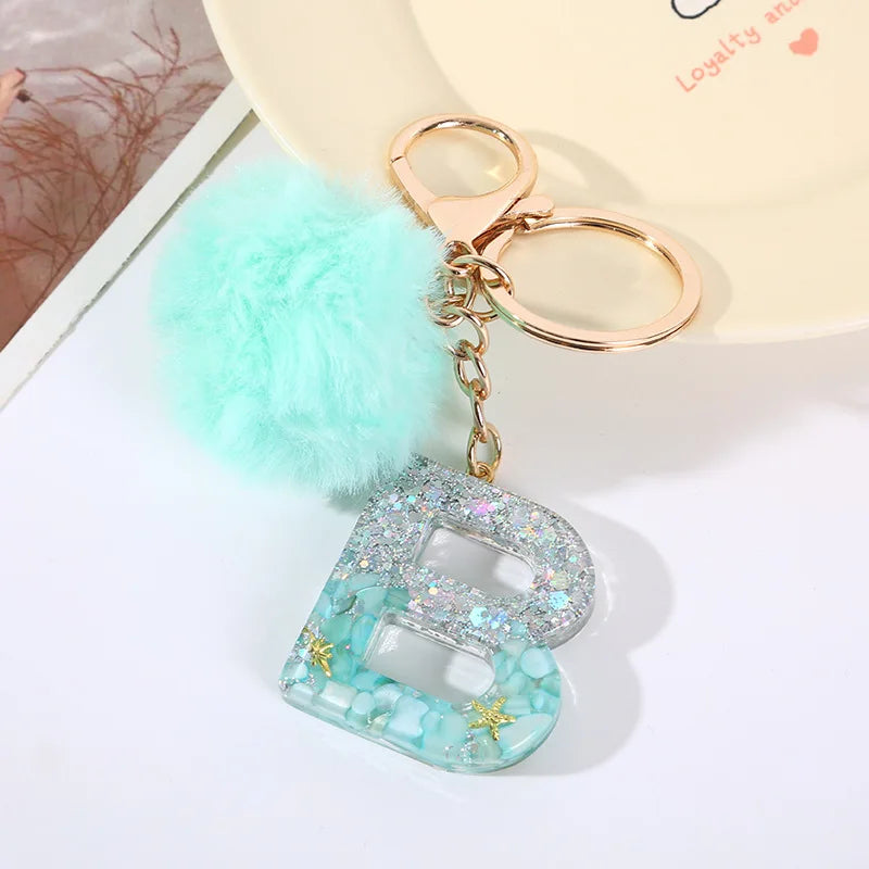Aqua Flow 26 Initials Letter Key Pendant With Green Blue Fluffy Pompom