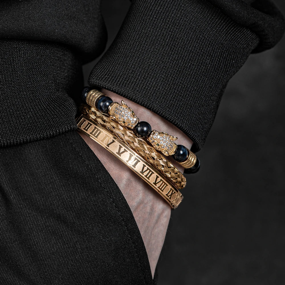 Luxury Double Leopard Head Roman Numeral Bracelet Sets