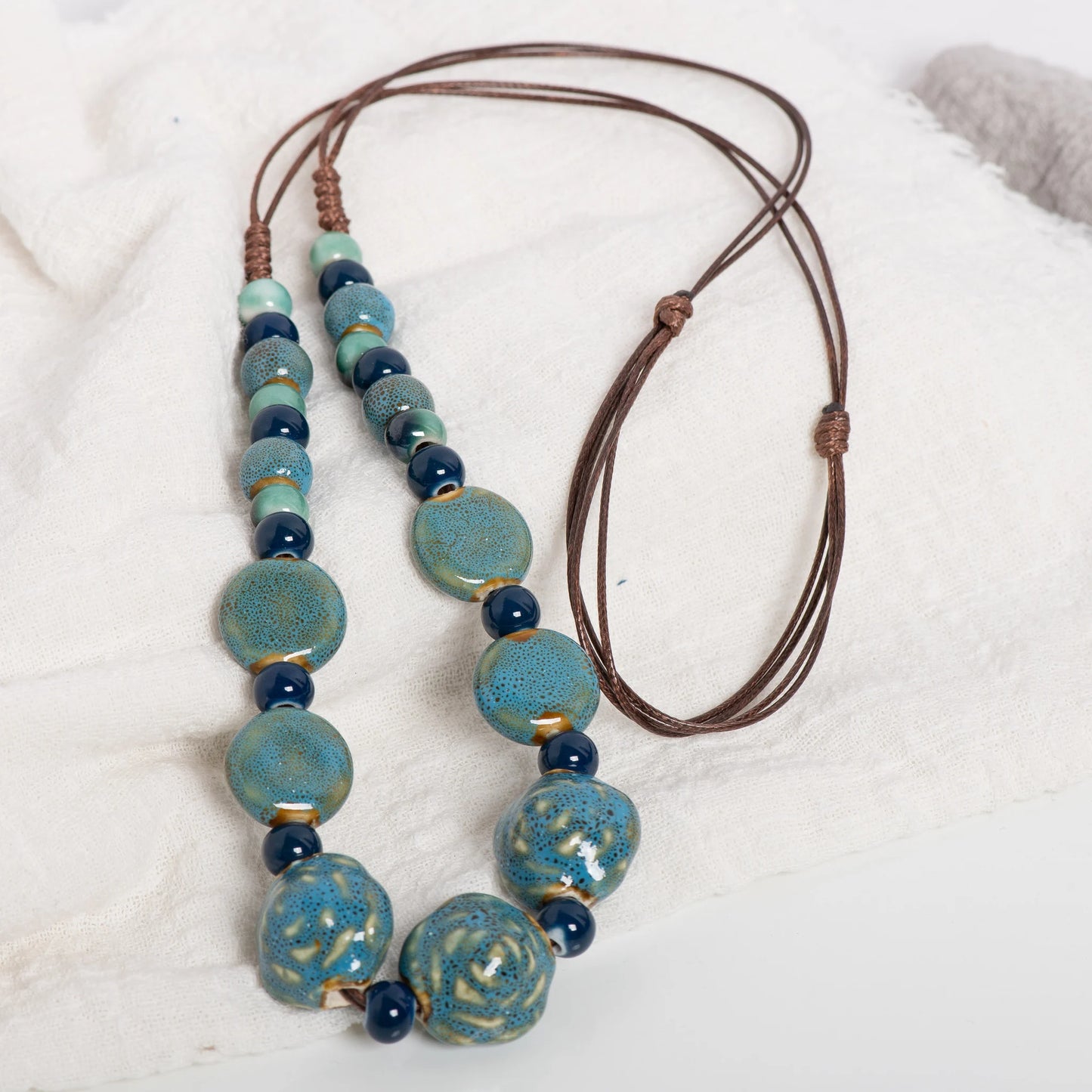 Blue Rose Long Pendant Vintage Artistic Ceramic Necklace