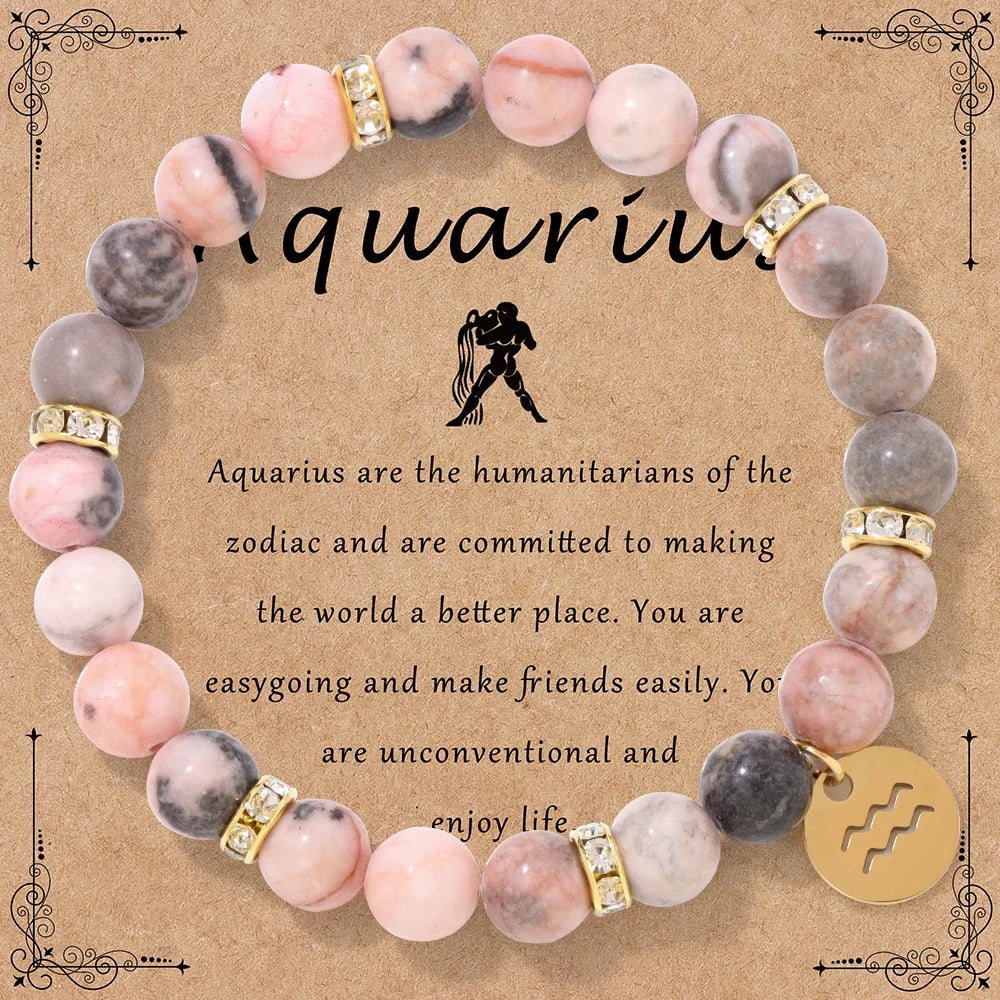 Pink Zebra Stone 12 Star Constellation Sign Beaded Bracelets