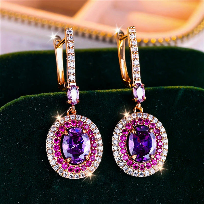Royal Purple Charm Oval Stone Clip Earrings