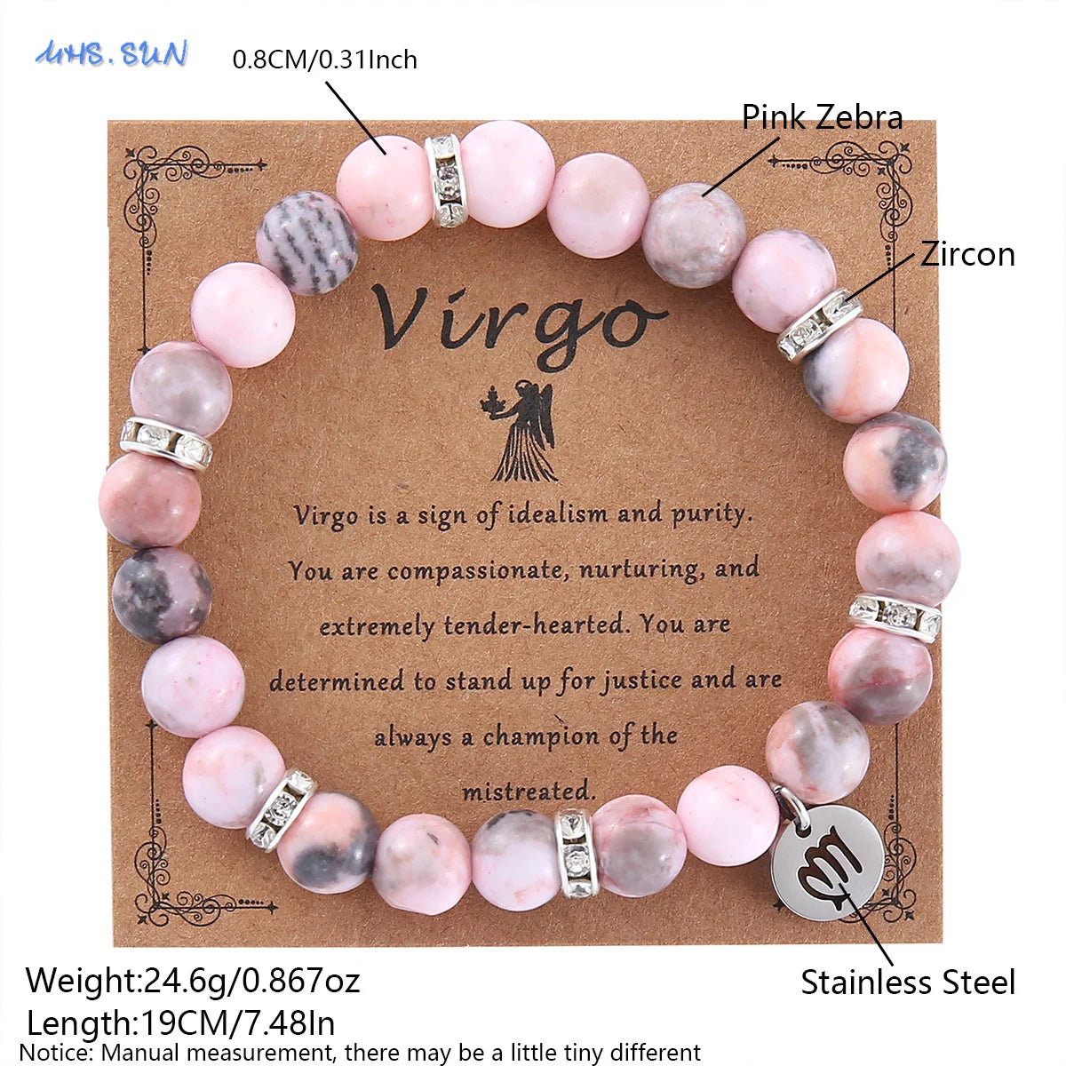 Pink Zebra Stone 12 Star Constellation Sign Beaded Bracelets