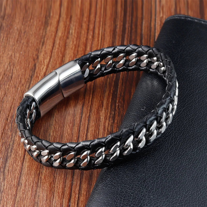 Modern Woven Black Leather Stainless Steel Bracelets