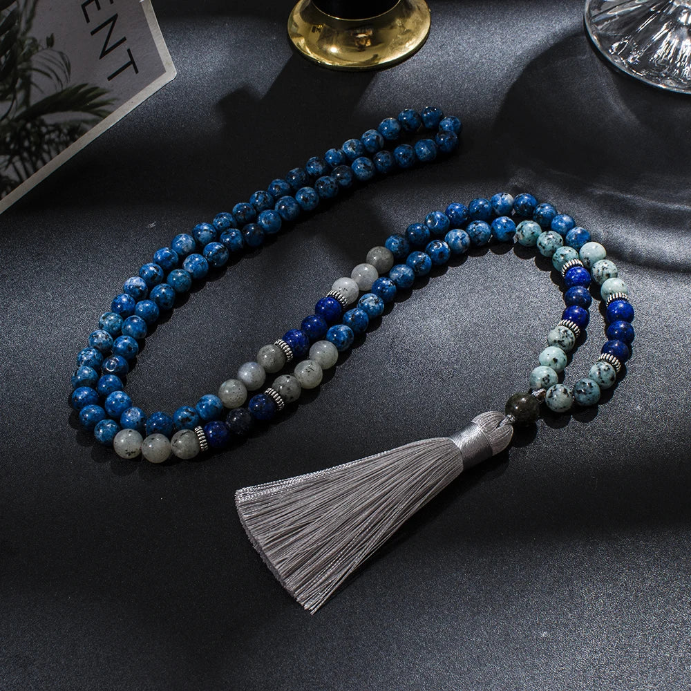 Blue & White Natural Stone Beaded Tassel Necklace