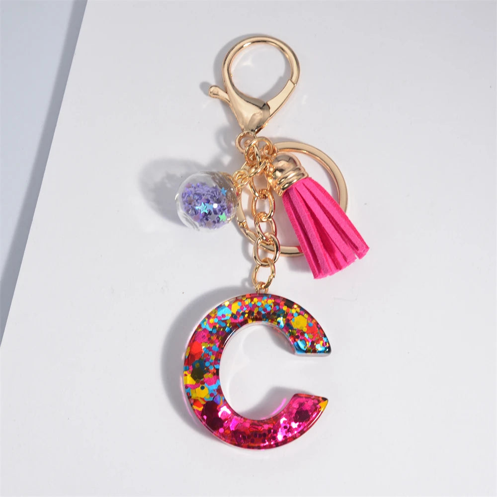 Mystery Star Ball 26 Letters Tassel Fuchsia Keychain