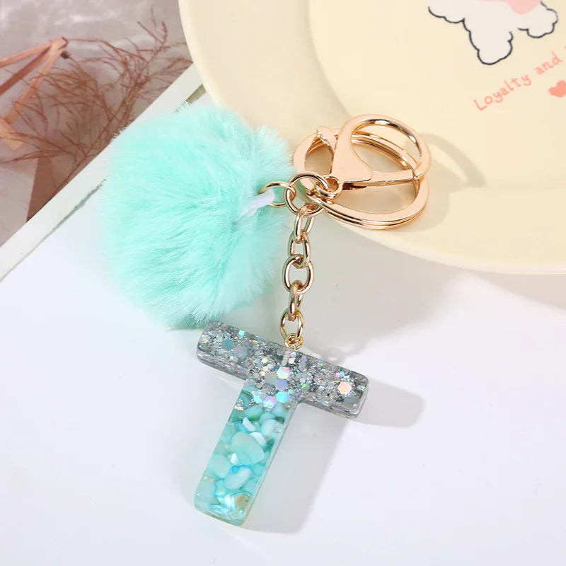 Aqua Flow 26 Initials Letter Key Pendant With Green Blue Fluffy Pompom