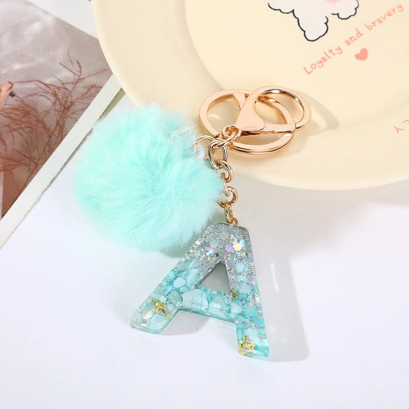 Aqua Flow 26 Initials Letter Key Pendant With Green Blue Fluffy Pompom